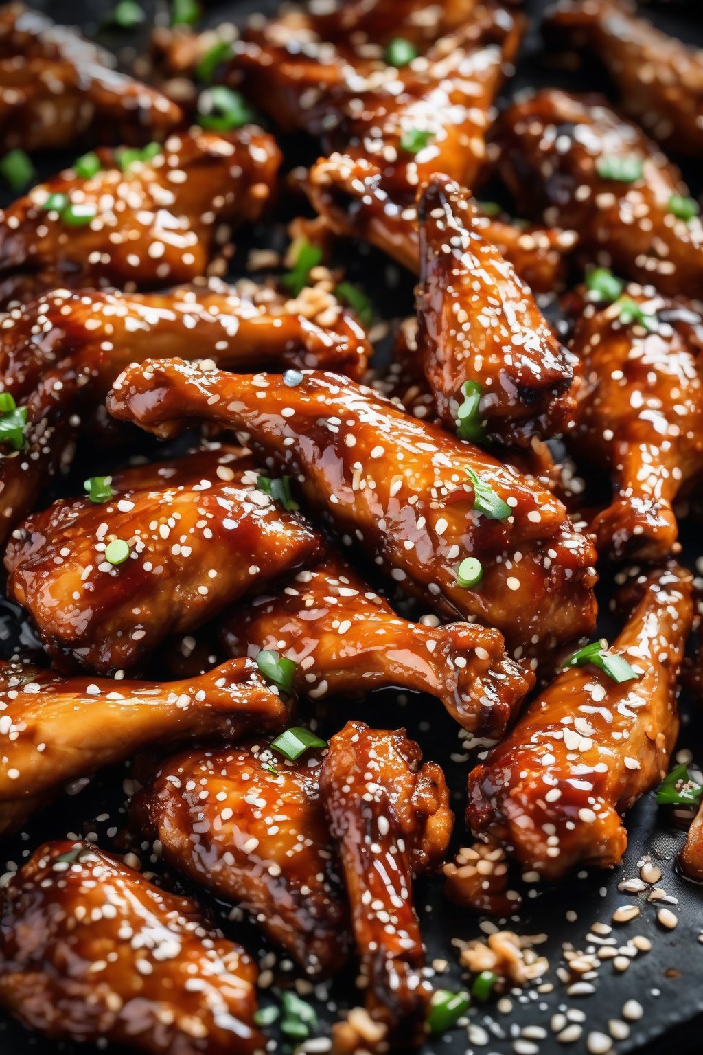 A high-resolution photo of sticky honey garlic chicken wings glistening with sauce, sprinkled with sesame seeds, under soft lighting.
