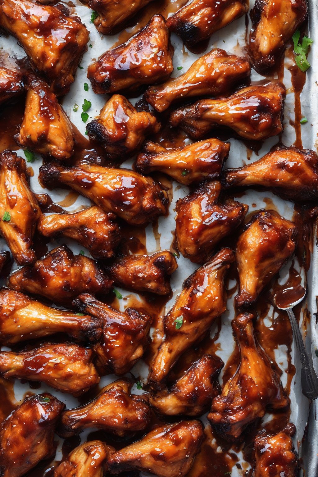 A high-resolution photo of smoky BBQ chicken wings with charred edges and thick sauce drizzle, under soft lighting.