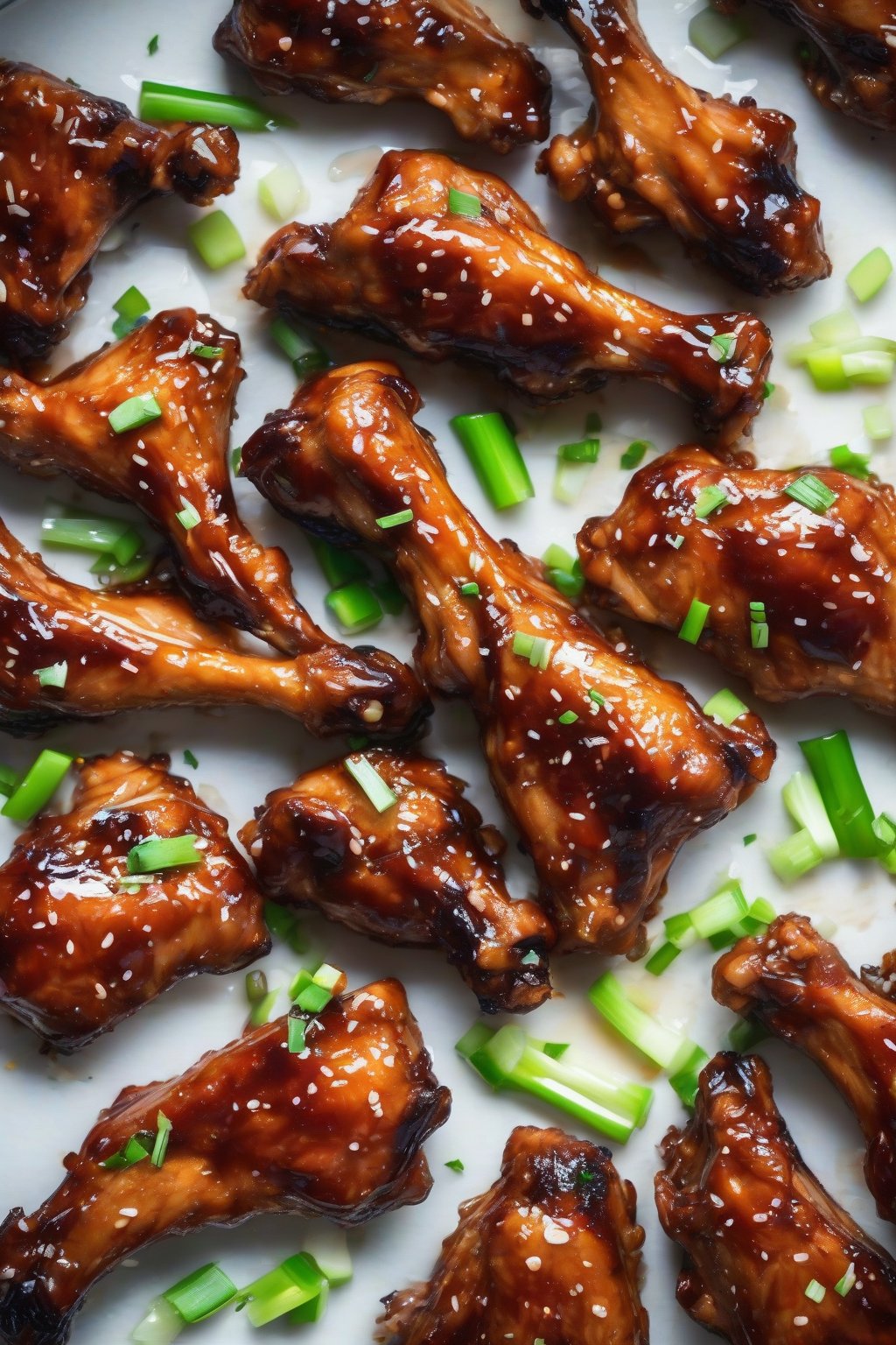 A high-resolution photo of teriyaki-glazed chicken wings with caramelized edges and chopped green onions, under soft lighting.