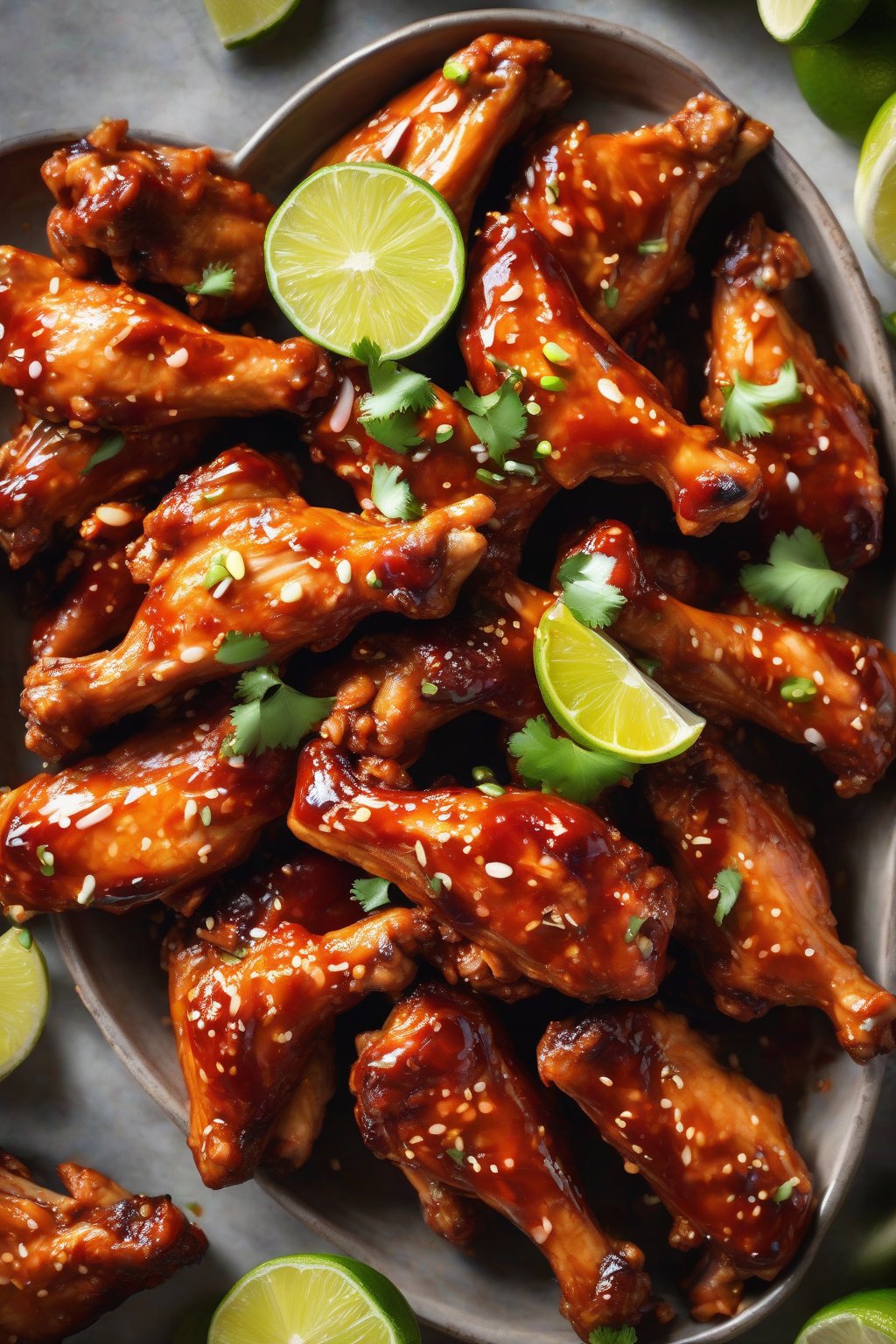 A high-resolution photo of sweet chili chicken wings shining red-orange, lime wedges nearby, under soft lighting.