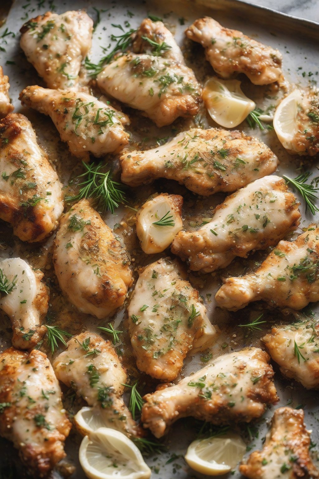 A high-resolution photo of garlic parmesan chicken wings dusted white with herbs, steam rising, under soft lighting.