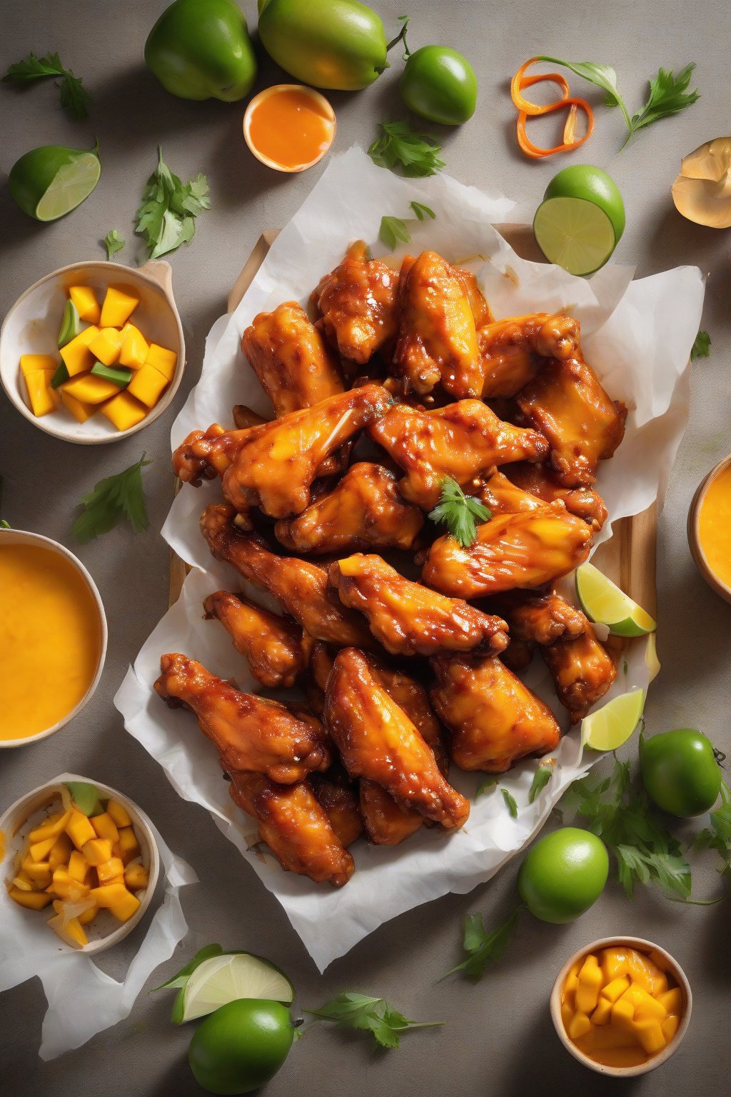 A high-resolution photo of vibrant orange mango habanero wings with fresh mango slices, under soft lighting.