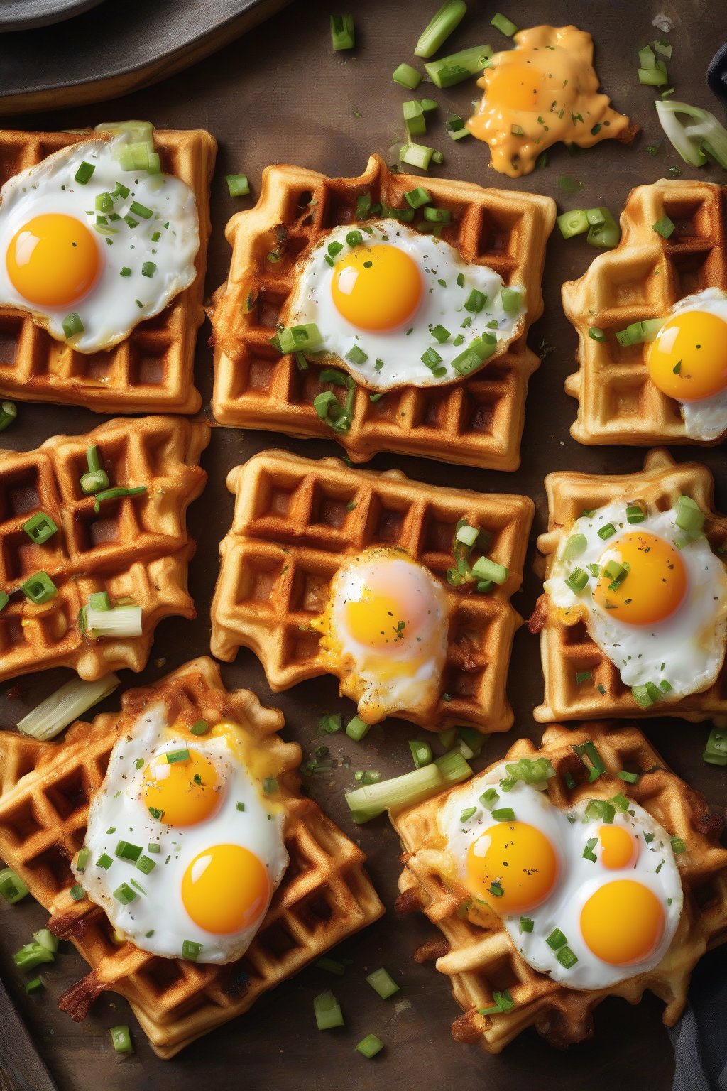 A high-resolution photo of golden bacon cheddar waffles topped with fried eggs and scallions under soft lighting.