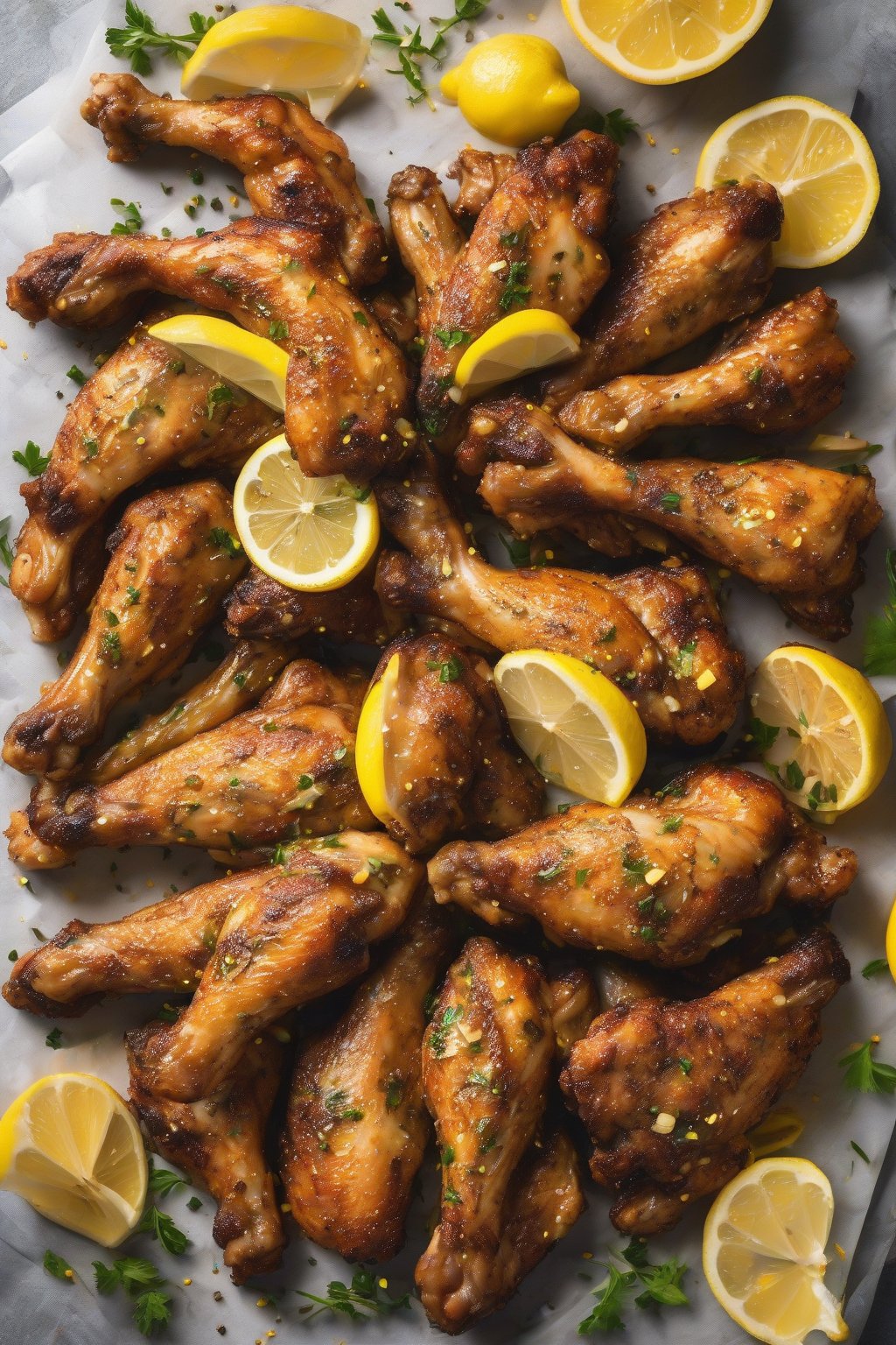 A high-resolution photo of lemon pepper chicken wings with yellow zest flecks and lemon halves, under soft lighting.