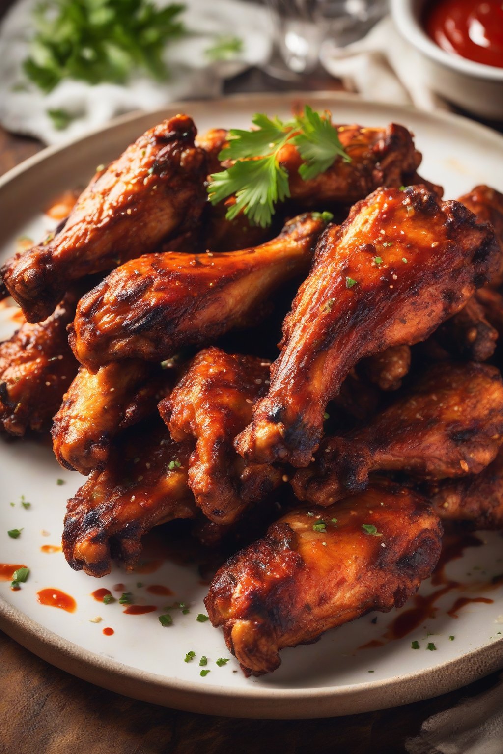 A high-resolution photo of Cajun-rubbed chicken wings with red sauce streaks, under soft lighting.