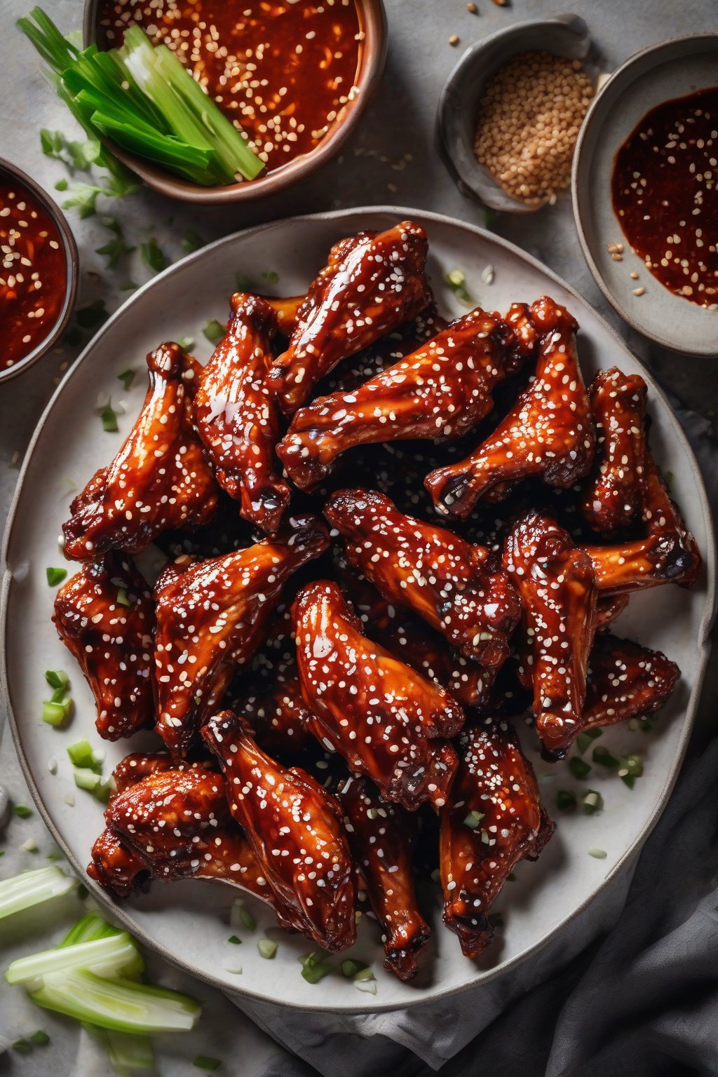 A high-resolution photo of glossy gochujang chicken wings with sesame seeds, under soft lighting.