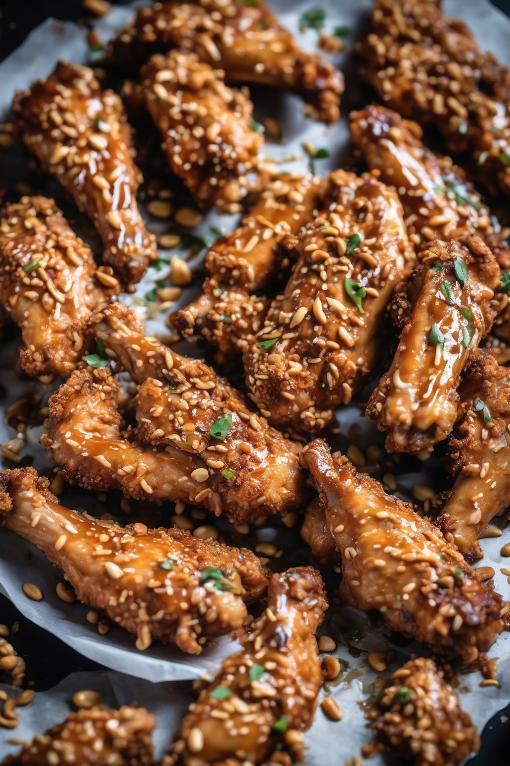 A high-resolution photo of peanut-sauced chicken wings drizzled and peanut-crusted, under soft lighting.