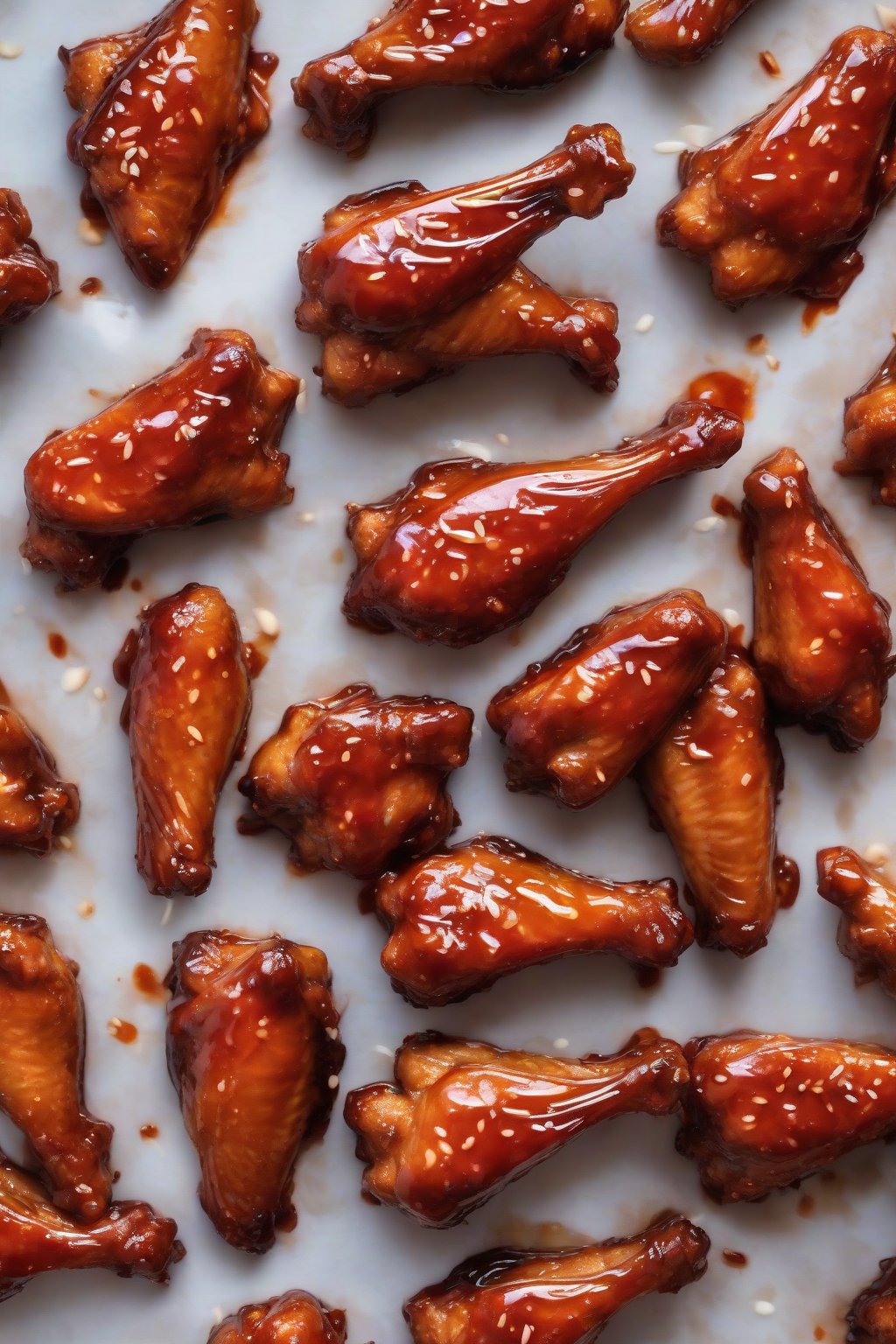A high-resolution photo of maple sriracha wings with shiny red glaze, under soft lighting.