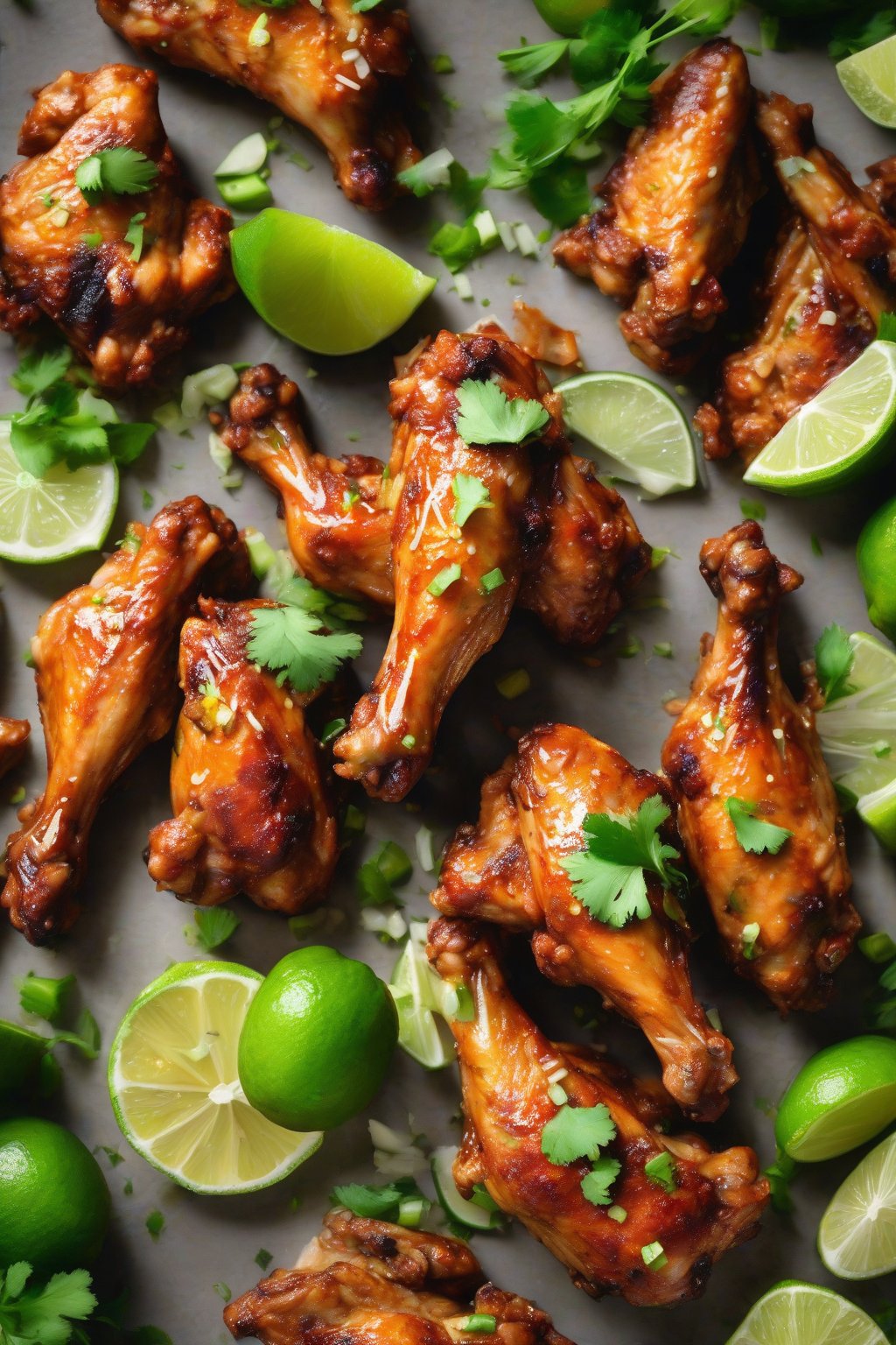 A high-resolution photo of chipotle lime chicken wings with green zest and lime slices, under soft lighting.