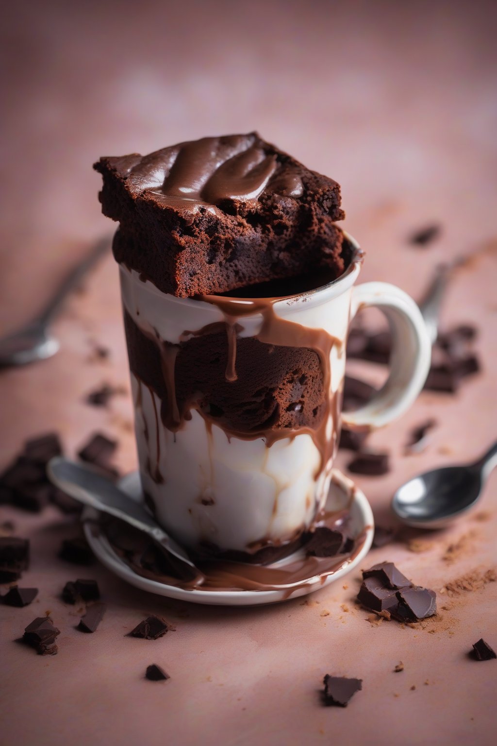 A high-resolution photo of a classic chocolate brownie in a mug, gooey center with melted chips, under soft lighting.