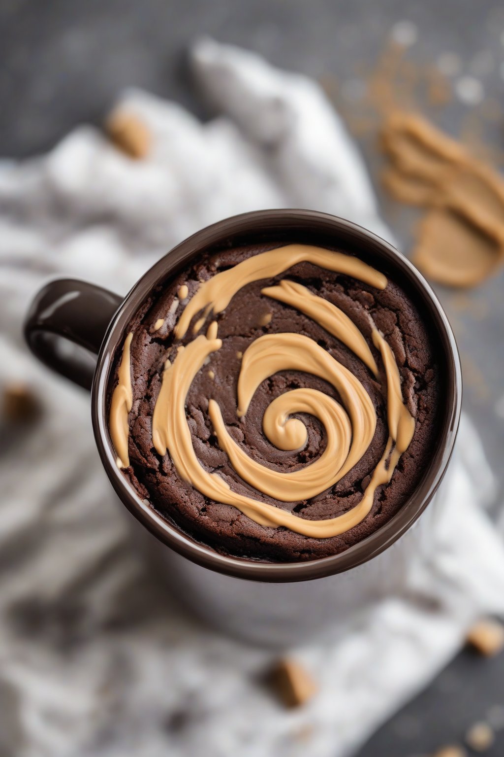 A high-resolution photo of a peanut butter swirl brownie in a mug, with visible swirls and fudgy edges, under soft lighting.