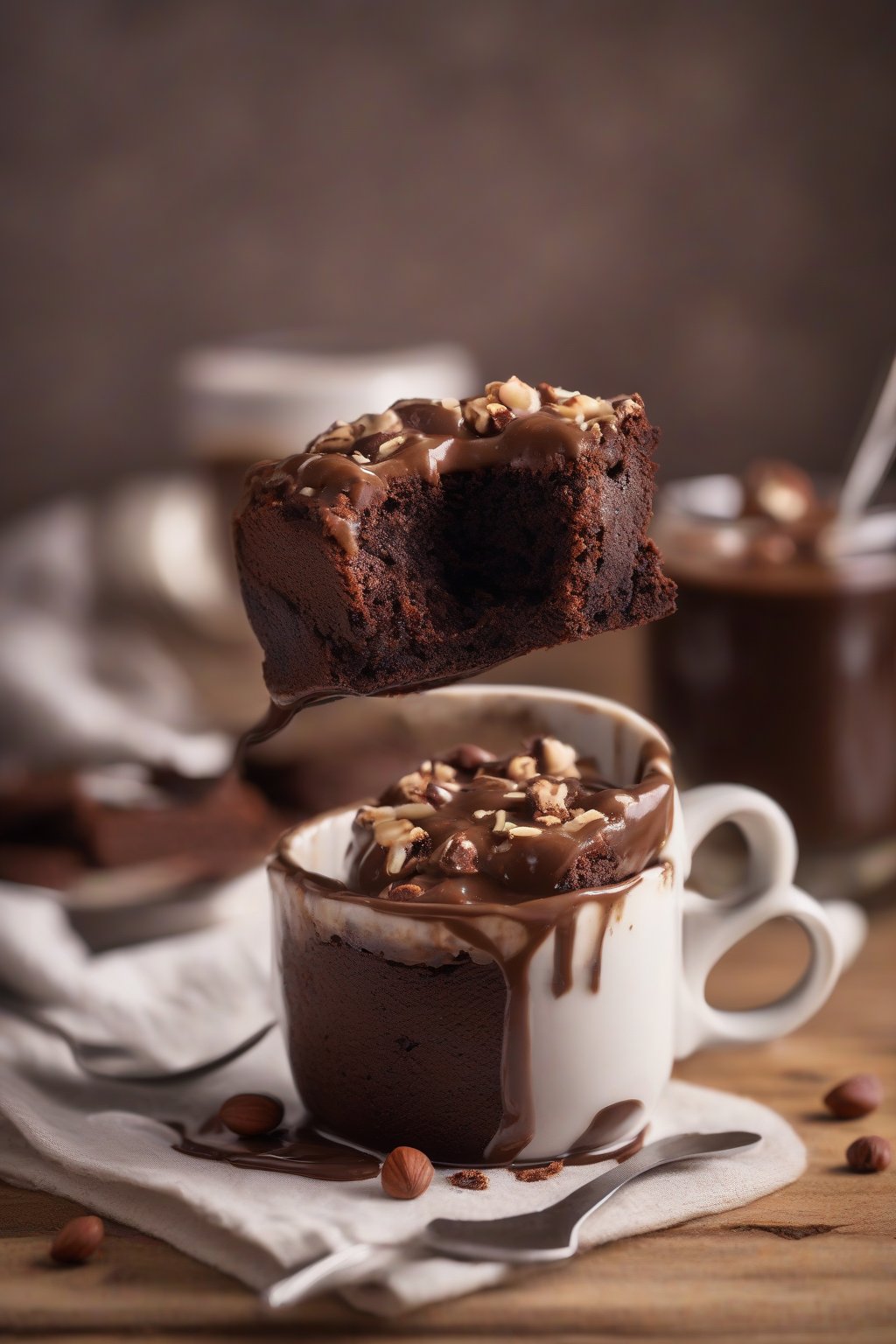 A high-resolution photo of a Nutella-stuffed brownie in a mug, oozing hazelnut filling, under soft lighting.