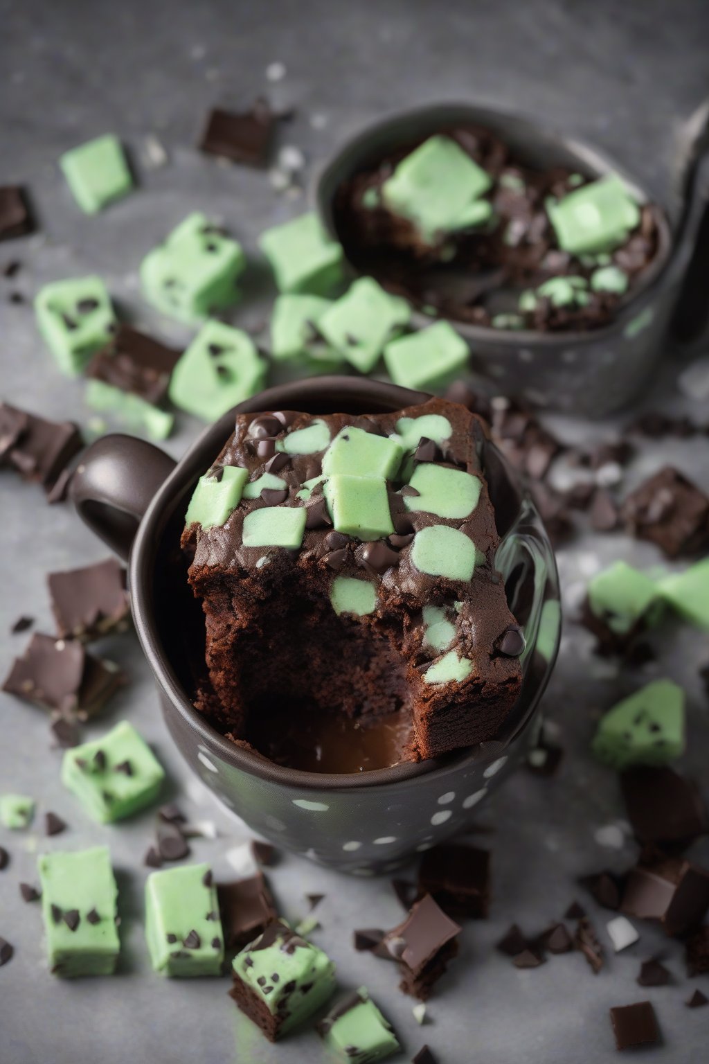A high-resolution photo of a mint chocolate chip brownie in a mug, studded with green chips, under soft lighting.