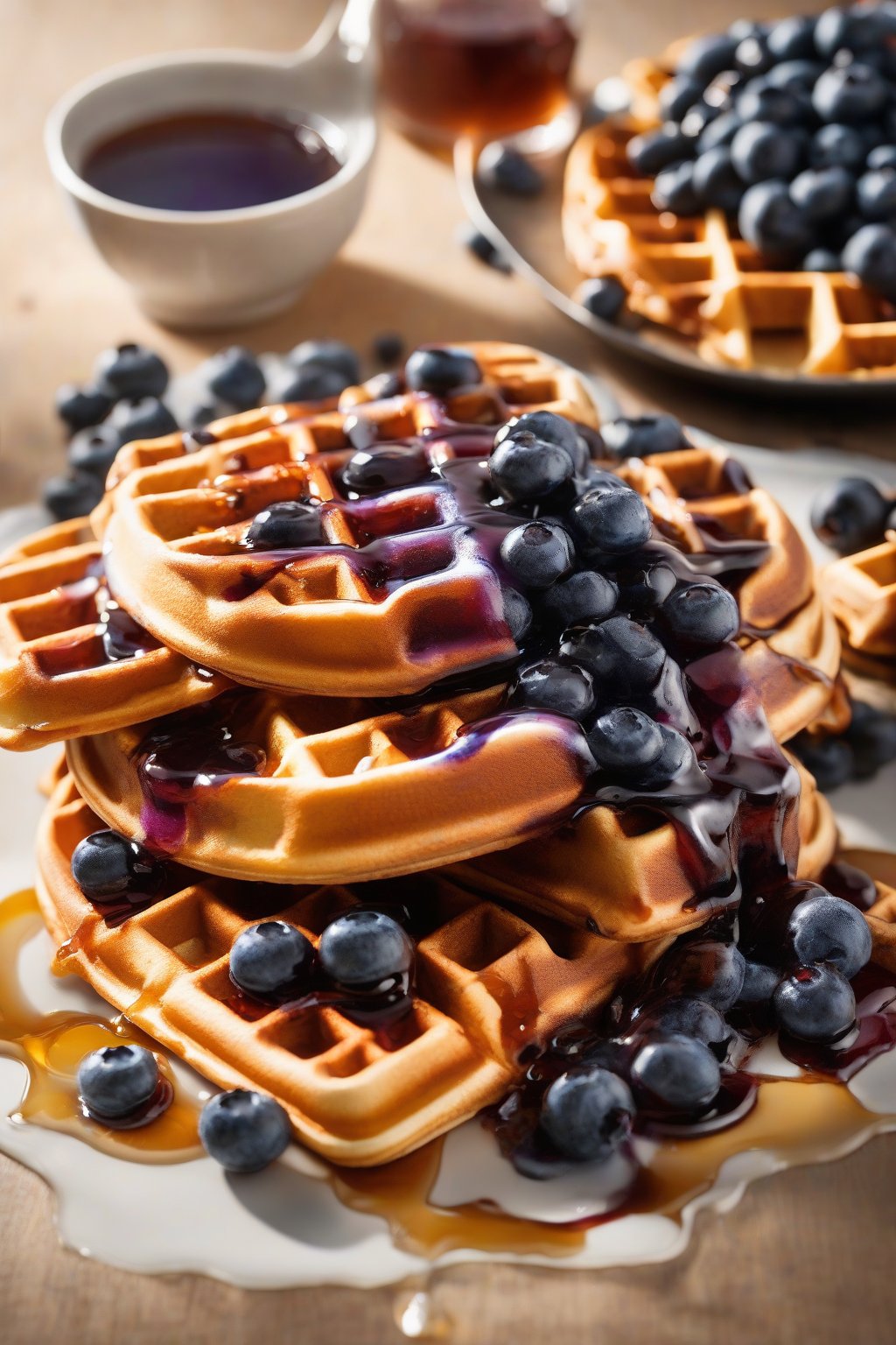 A high-resolution photo of golden blueberry waffles spilling fresh blueberries and syrup under soft lighting.