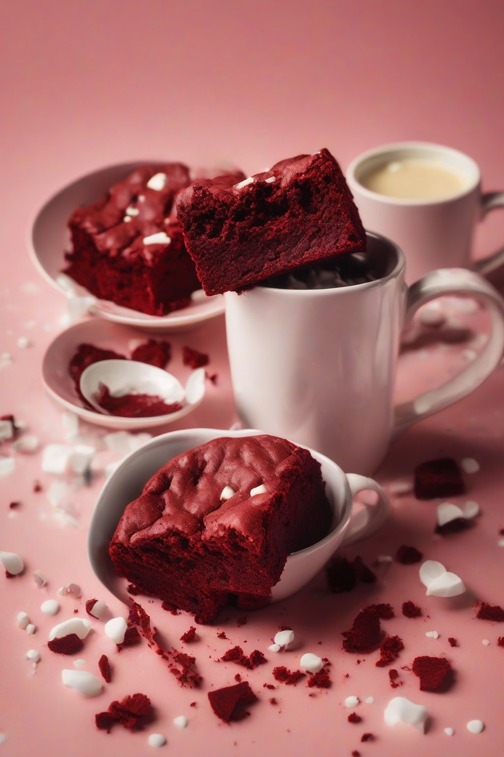 A high-resolution photo of a red velvet brownie in a mug, bright red with white chip flecks, under soft lighting.