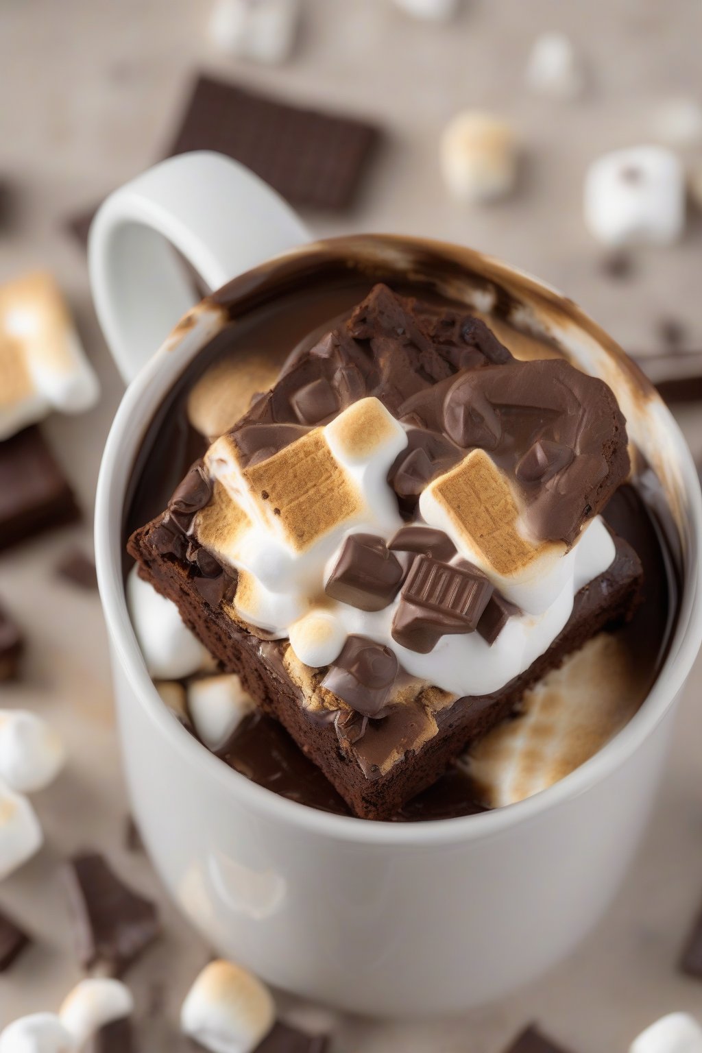 A high-resolution photo of a s'mores brownie in a mug, toasted marshmallows and graham bits, under soft lighting.