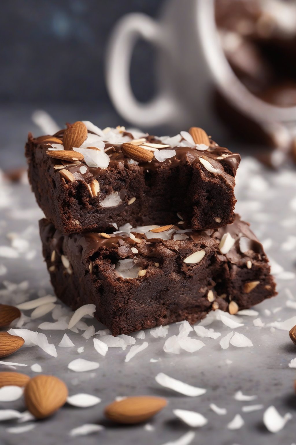 A high-resolution photo of an Almond Joy brownie in a mug, coconut flakes and almond pieces visible, under soft lighting.