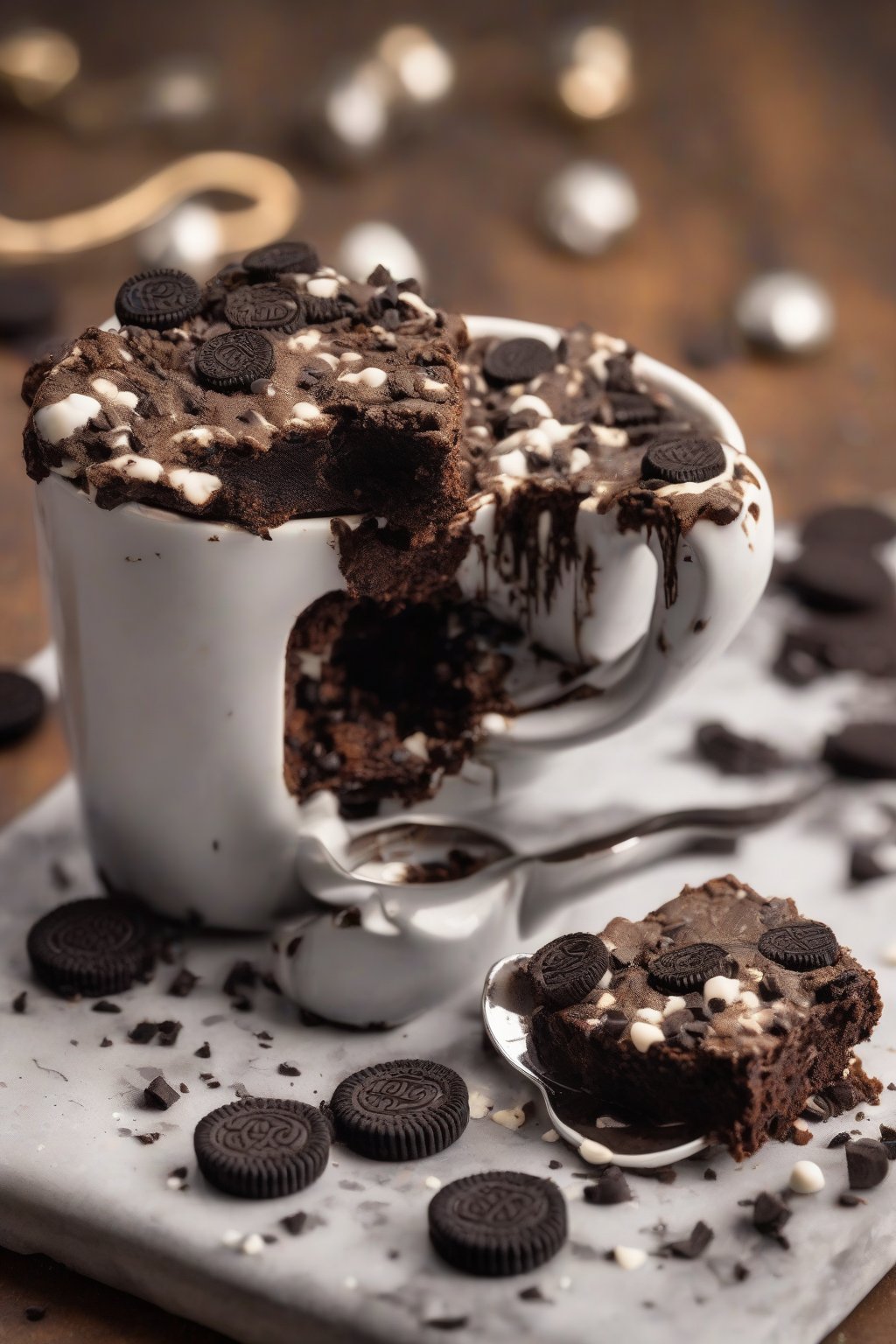 A high-resolution photo of an Oreo crunch brownie in a mug, cookie crumbs on fudgy surface, under soft lighting.