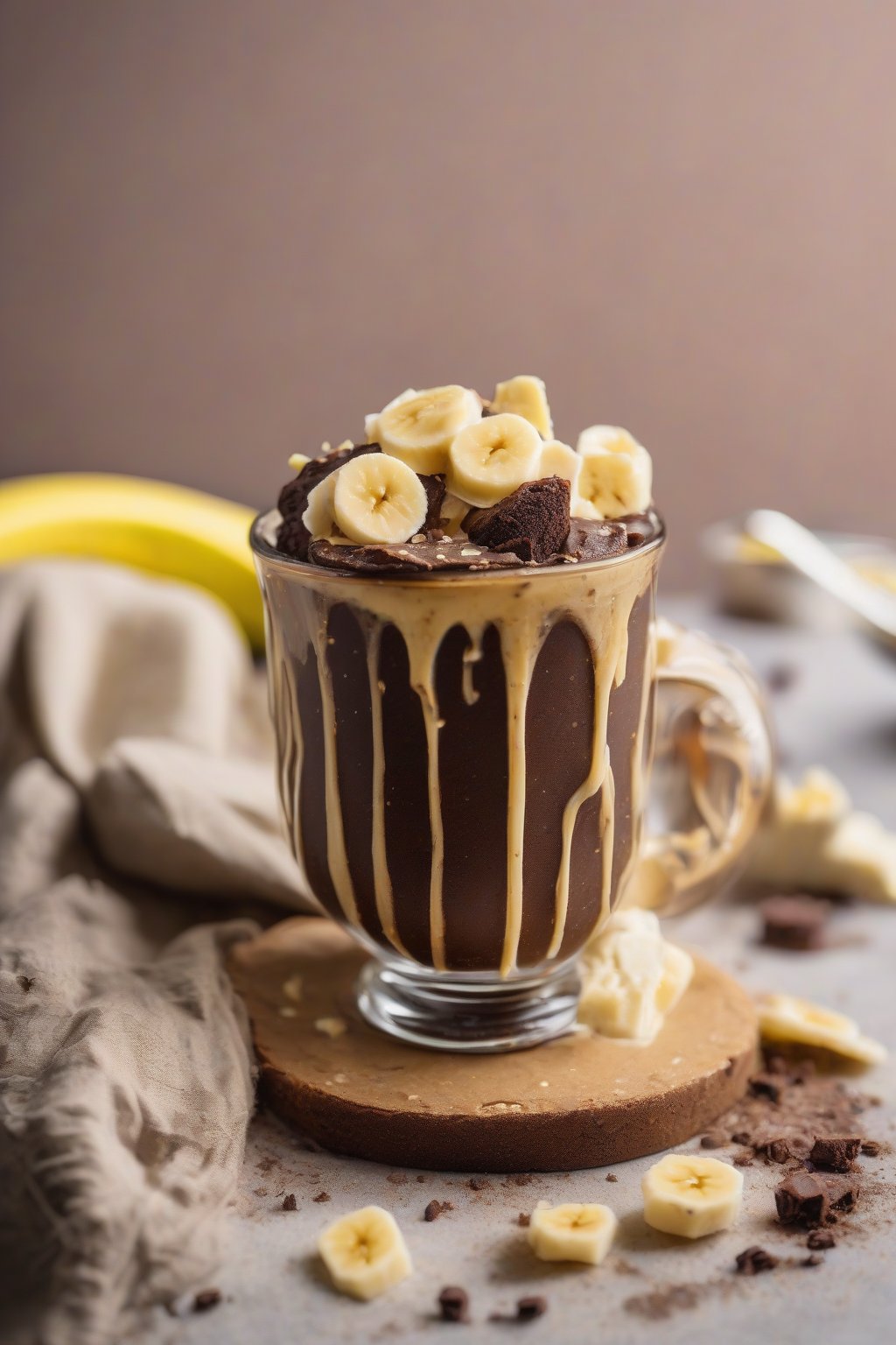 A high-resolution photo of a banana fudge brownie in a mug, with banana speckles and melty chips, under soft lighting.