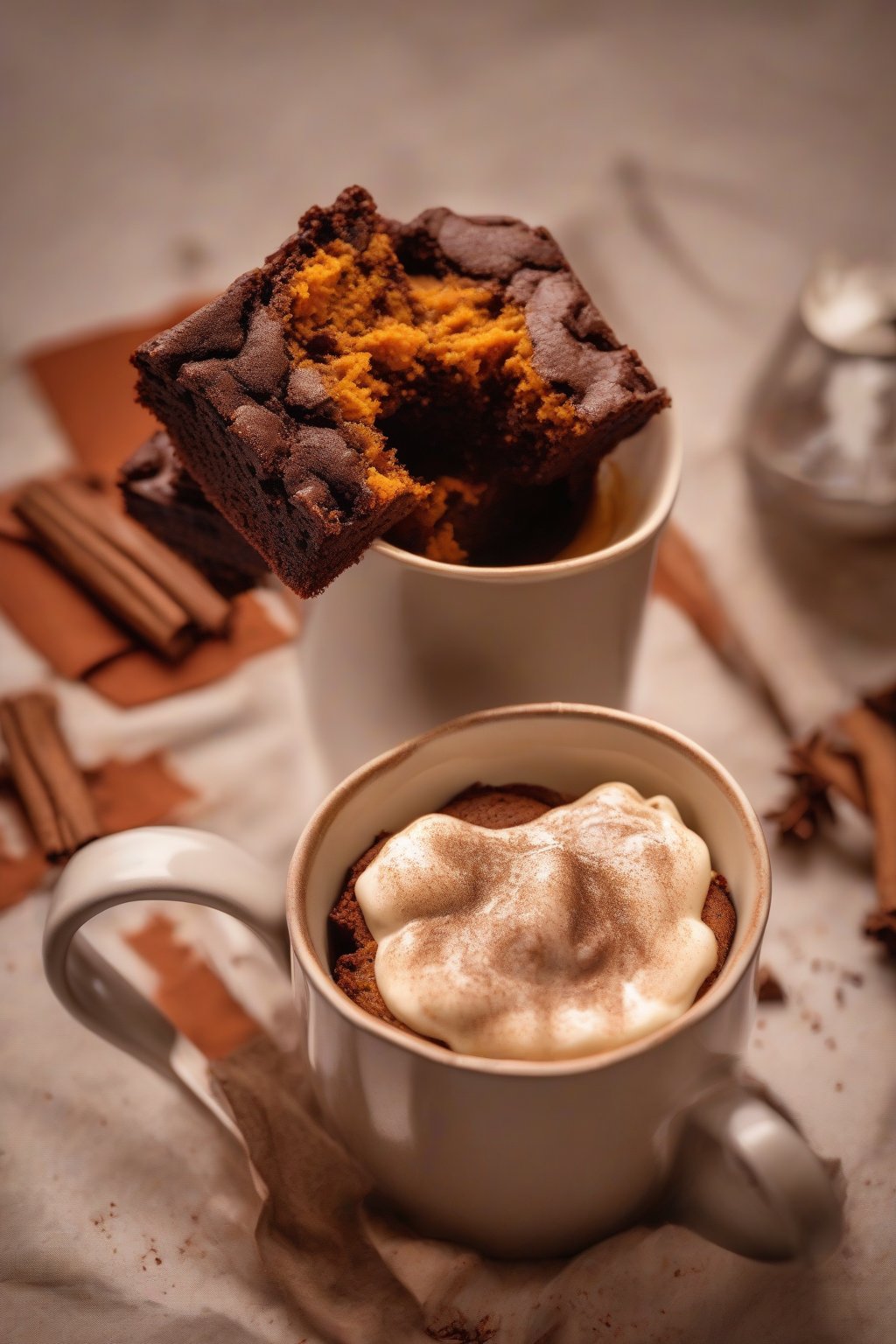 A high-resolution photo of a pumpkin spice brownie in a mug, warm orange hue and spice dusting, under soft lighting.