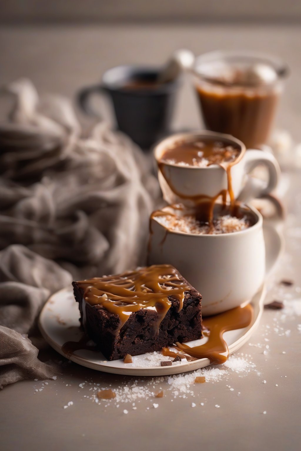 A high-resolution photo of a salted caramel brownie in a mug, caramel drizzle and salt flakes, under soft lighting.