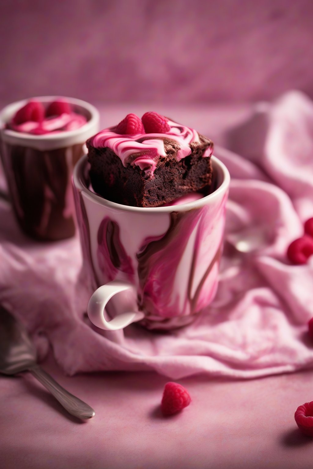 A high-resolution photo of a raspberry swirl brownie in a mug, pink swirls in chocolate batter, under soft lighting.