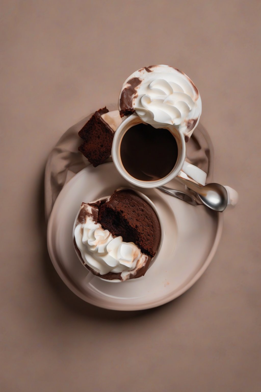A high-resolution photo of a mocha brownie in a mug, frothy top with coffee aroma vibes, under soft lighting.