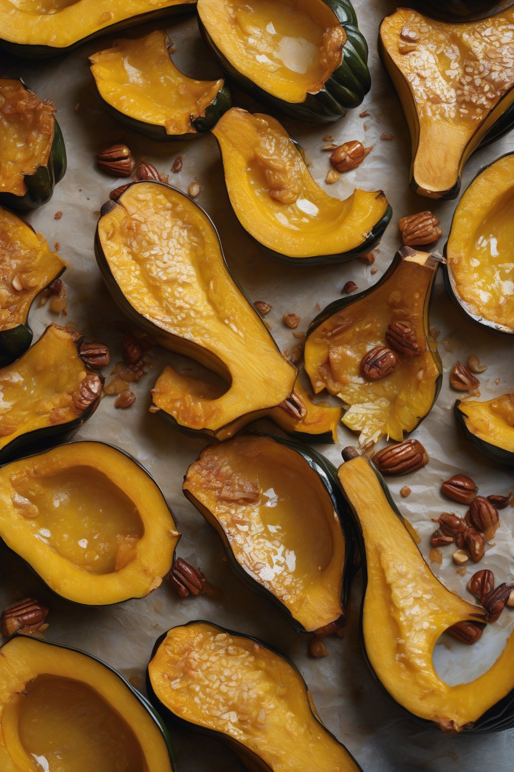 A high-resolution photo of golden maple-glazed roasted acorn squash halves glistening under soft lighting.