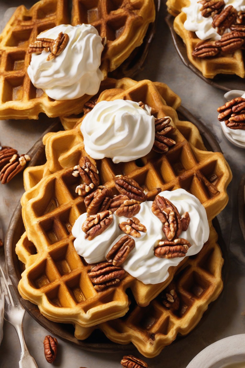 A high-resolution photo of golden pumpkin spice waffles with whipped cream and pecans under soft lighting.