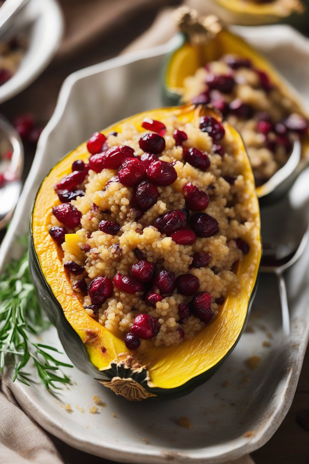 A high-resolution photo of quinoa-stuffed roasted acorn squash boats topped with cranberries under soft lighting.