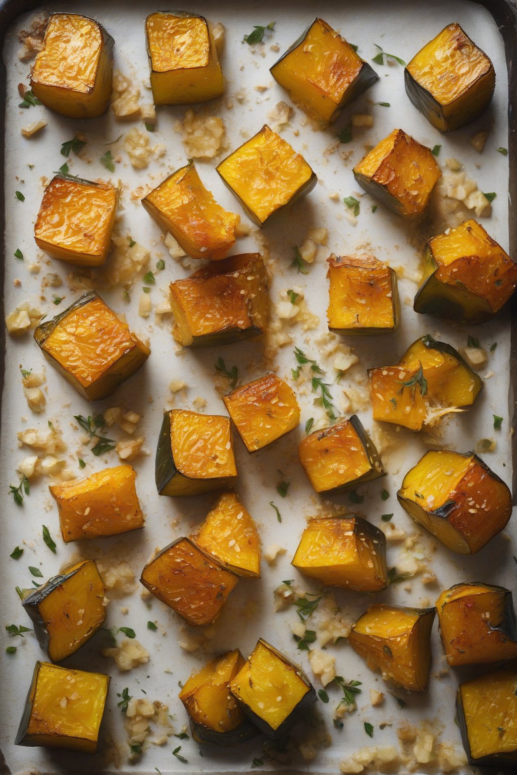 A high-resolution photo of golden garlic Parmesan roasted acorn squash cubes under soft lighting.