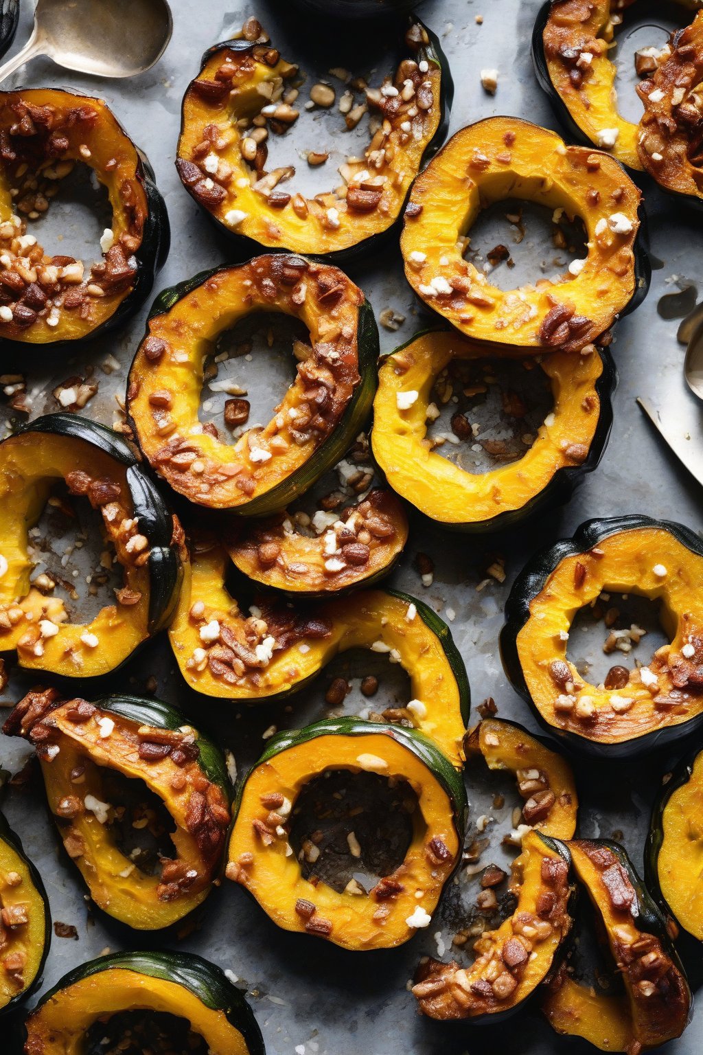 A high-resolution photo of balsamic goat cheese topped roasted acorn squash rings under soft lighting.