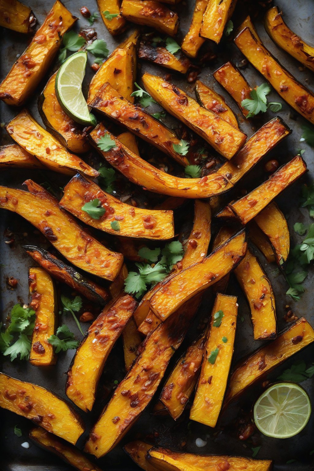 A high-resolution photo of spicy chipotle roasted acorn squash fries under soft lighting.