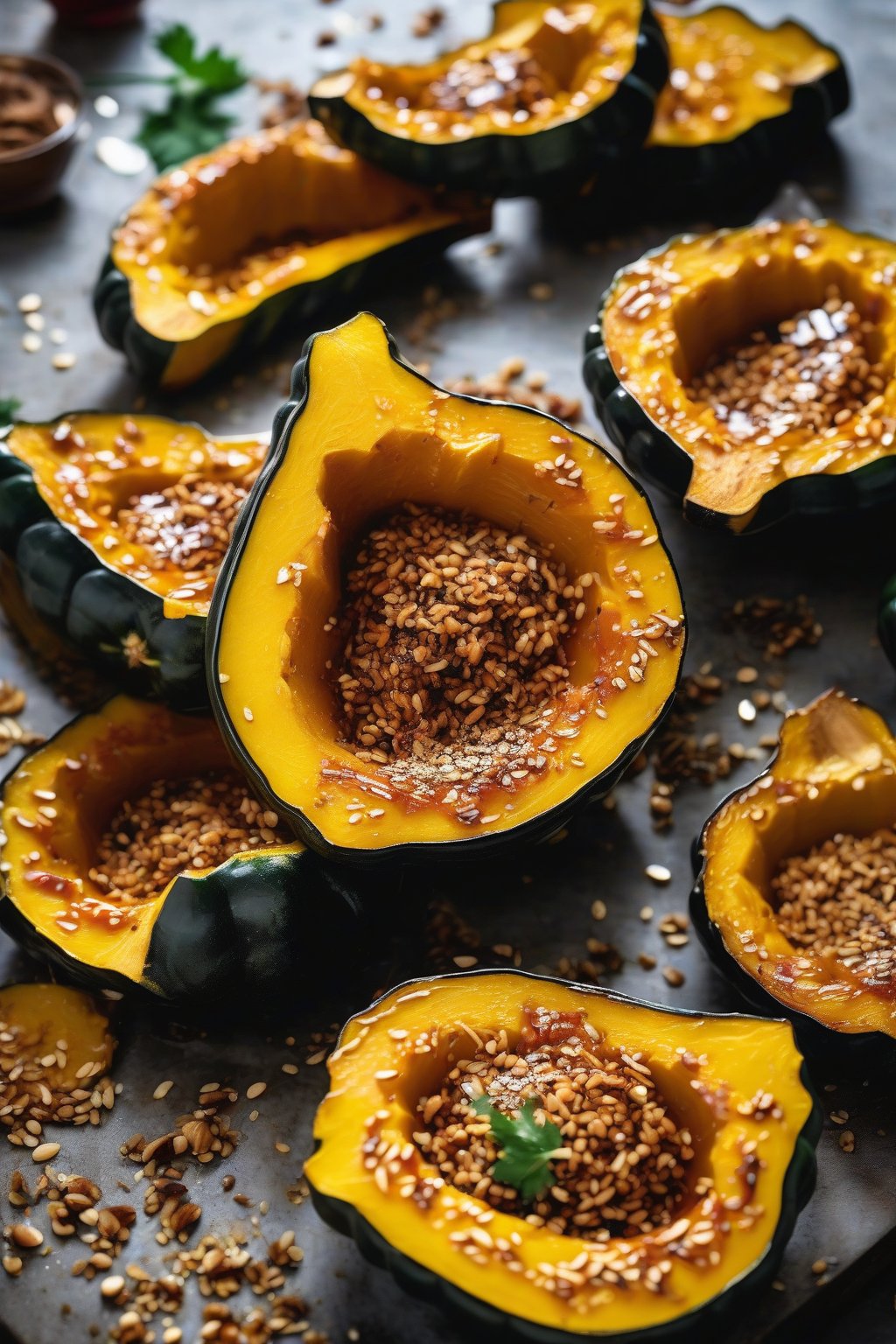 A high-resolution photo of glossy honey sriracha roasted acorn squash halves sprinkled with sesame under soft lighting.
