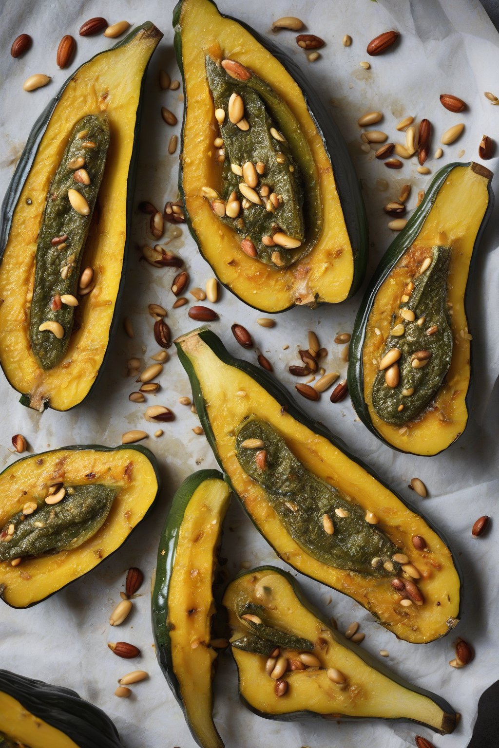 A high-resolution photo of pesto-drizzled roasted acorn squash wedges with pine nuts under soft lighting.