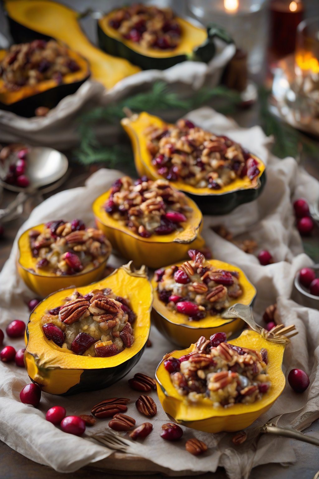 A high-resolution photo of cranberry pecan stuffed roasted acorn squash boats under soft lighting.