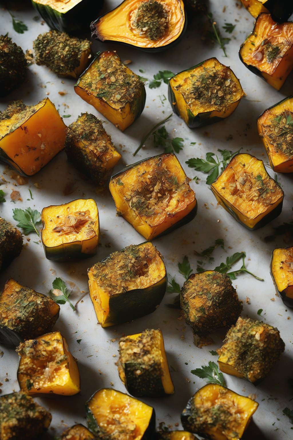 A high-resolution photo of herb-crusted roasted acorn squash cubes under soft lighting.