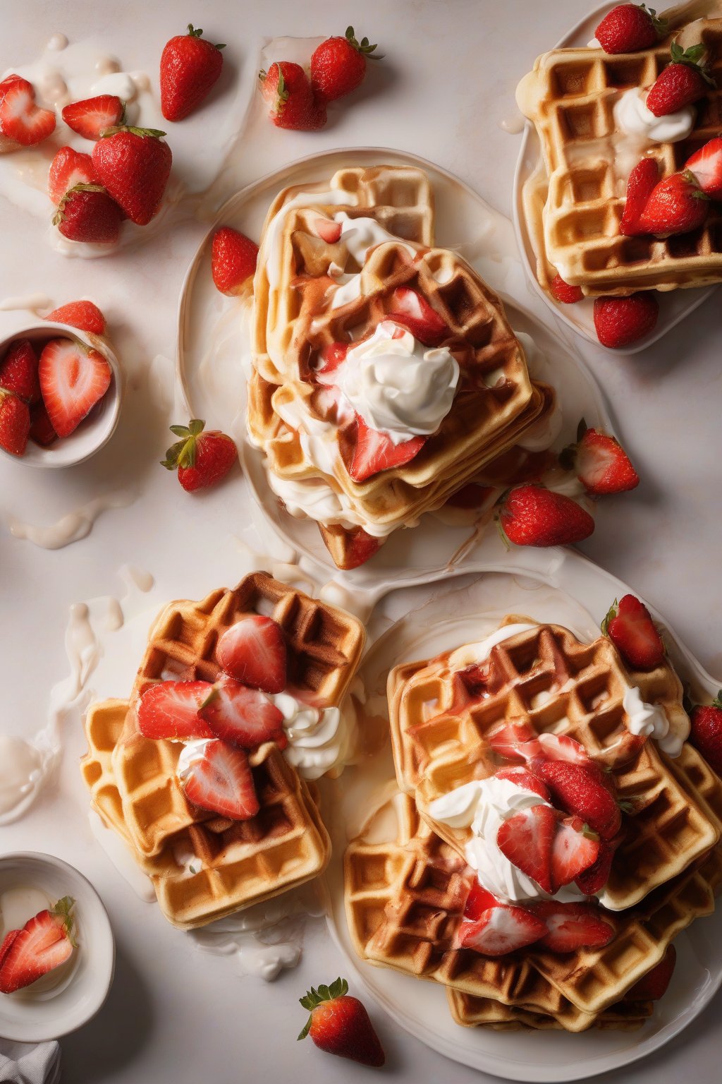 A high-resolution photo of golden strawberry shortcake waffles layered with macerated strawberries and cream under soft lighting.