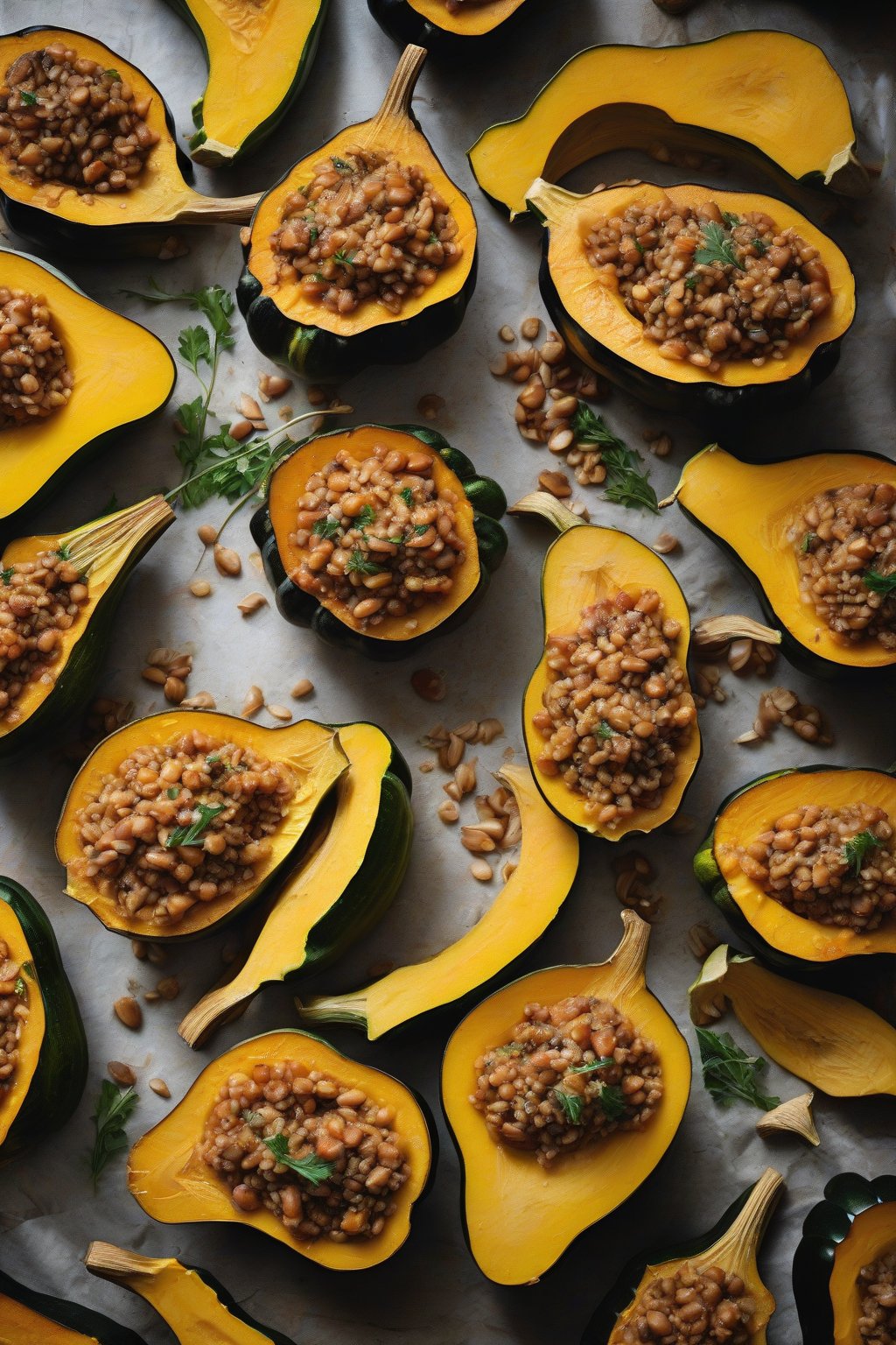 A high-resolution photo of farro mushroom stuffed roasted acorn squash halves under soft lighting.
