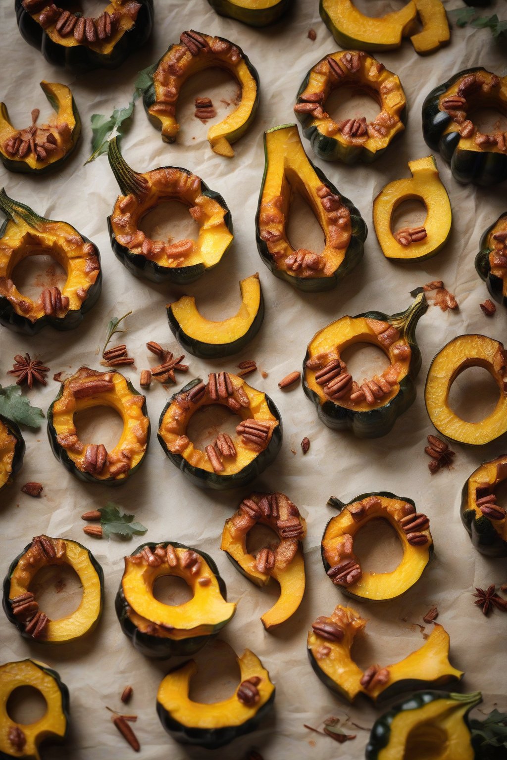 A high-resolution photo of cinnamon apple filled roasted acorn squash rings under soft lighting.