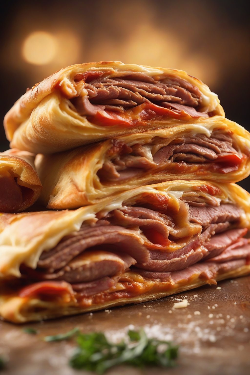 A high-resolution close-up photo of a sliced pepperoni and sausage stromboli revealing gooey cheese and meat layers, under soft lighting.