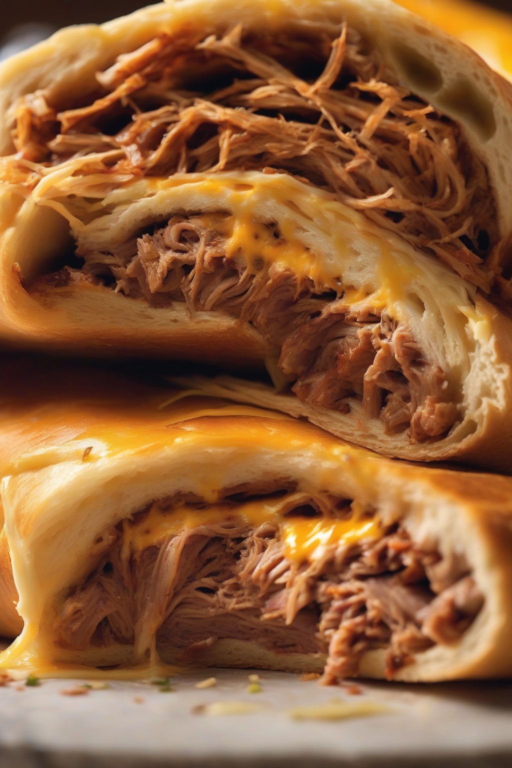 A high-resolution close-up photo of BBQ pulled pork stromboli with strings of pork and cheddar visible in the cross-section, under soft lighting.