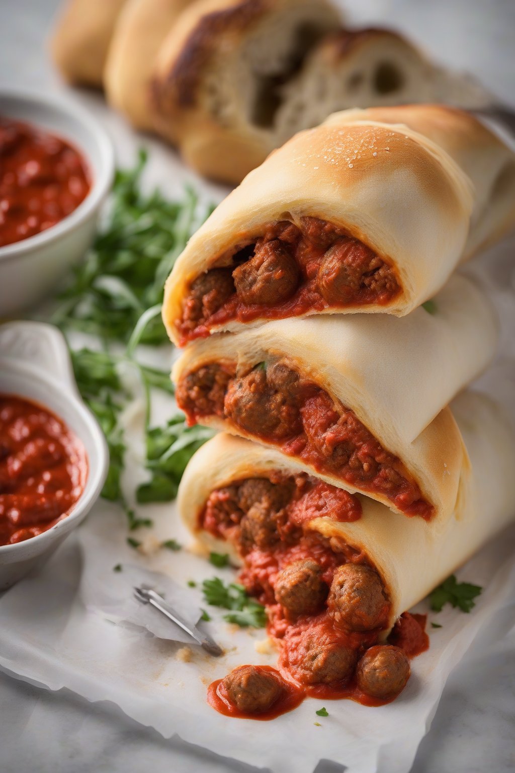 A high-resolution photo of a meatball marinara stromboli cut to show meatballs nestled in red sauce and cheese, under soft lighting.