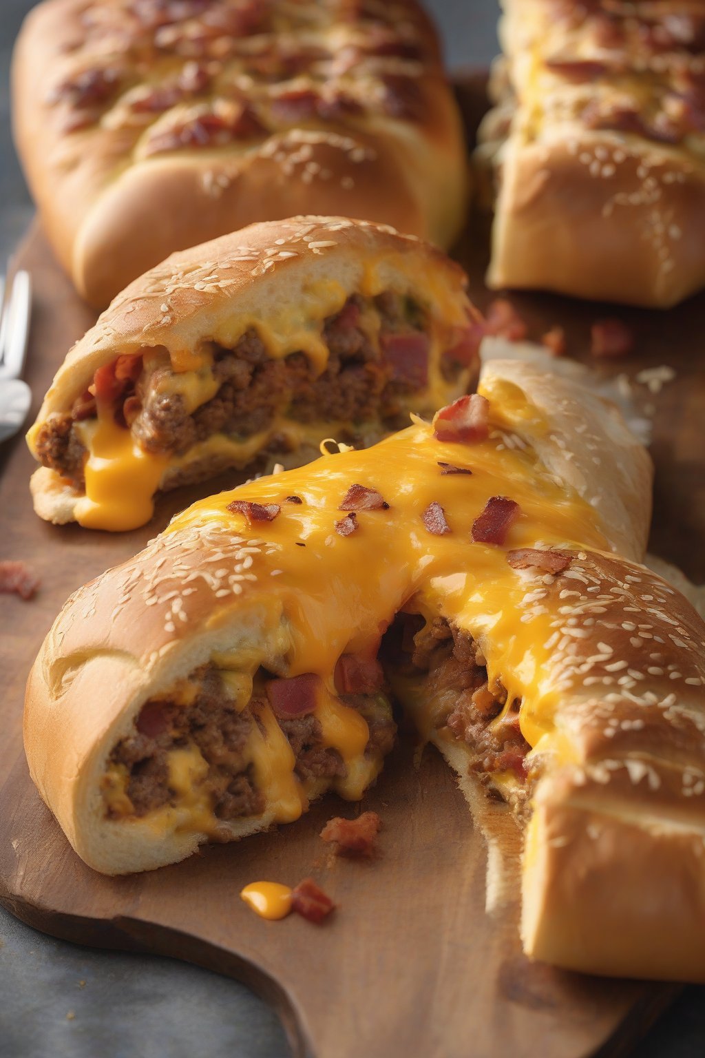 A high-resolution close-up photo of bacon cheeseburger stromboli revealing burger patties, bacon, and melted cheddar inside, under soft lighting.