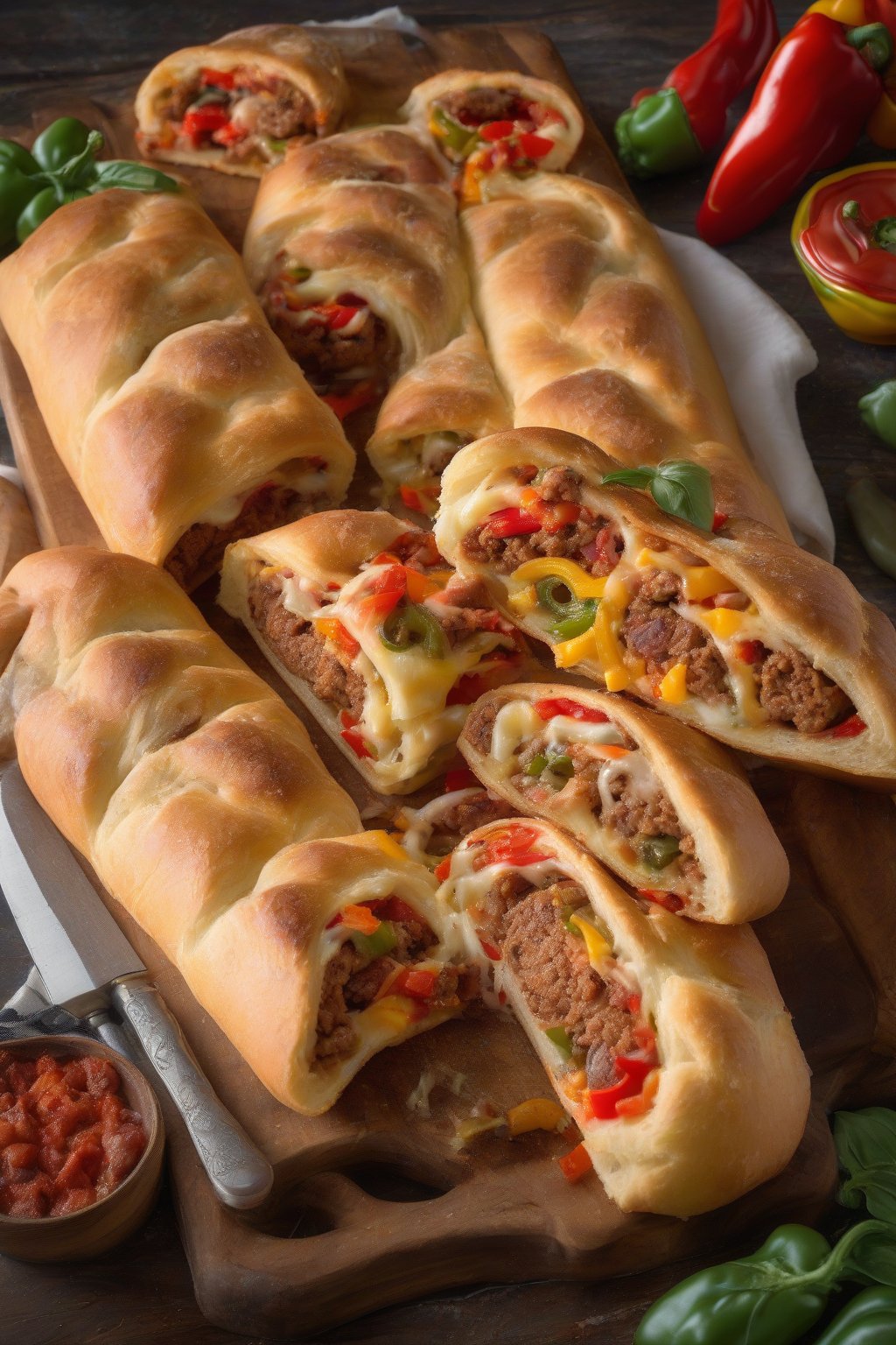 A high-resolution photo of spicy sausage stromboli sliced to show colorful peppers and bubbling cheese, under soft lighting.
