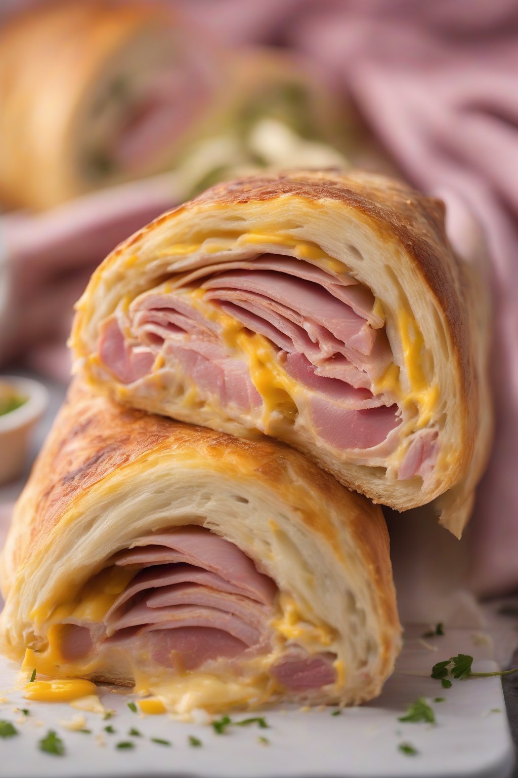 A high-resolution close-up photo of ham and Swiss stromboli with layers of pink ham and yellow cheese peeking through, under soft lighting.