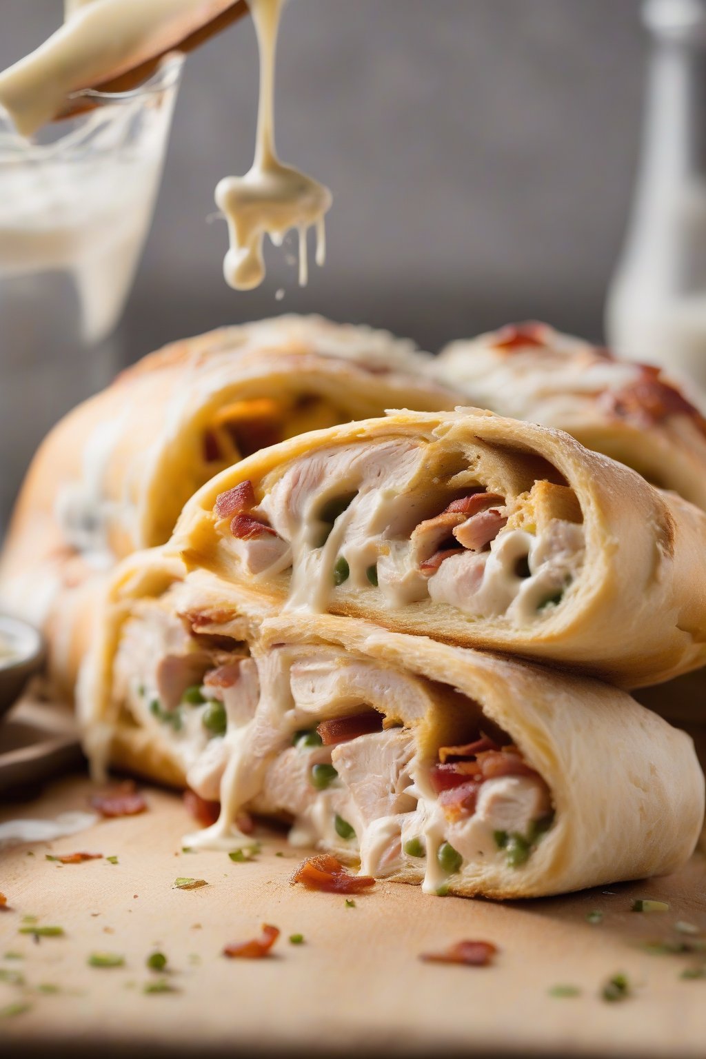A high-resolution photo of chicken bacon ranch stromboli cut open to reveal creamy ranch swirls and bacon bits, under soft lighting.