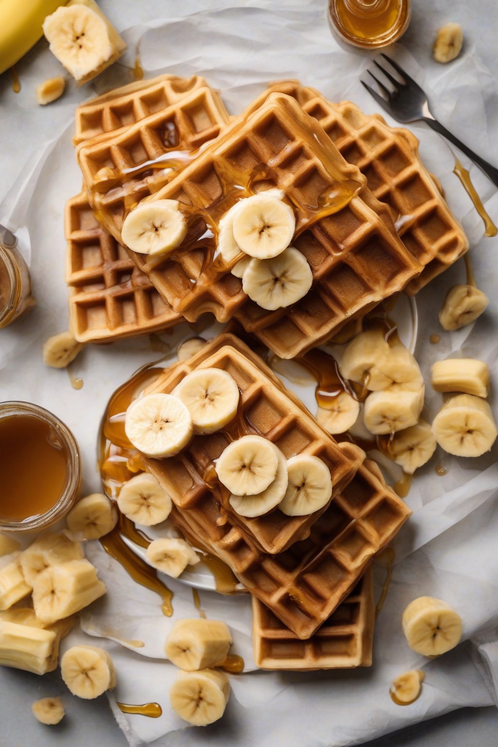 A high-resolution photo of golden peanut butter banana waffles sliced with banana wheels and drizzled honey under soft lighting.