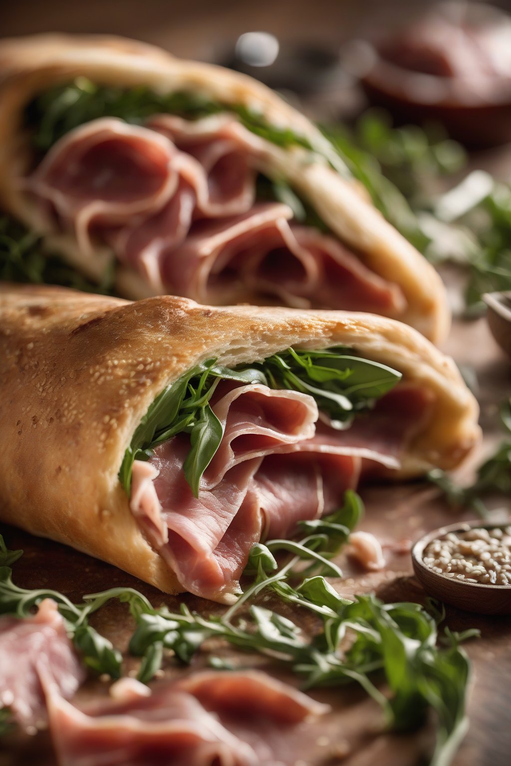 A high-resolution close-up photo of prosciutto salami stromboli showcasing thin meat slices and fresh arugula inside, under soft lighting.