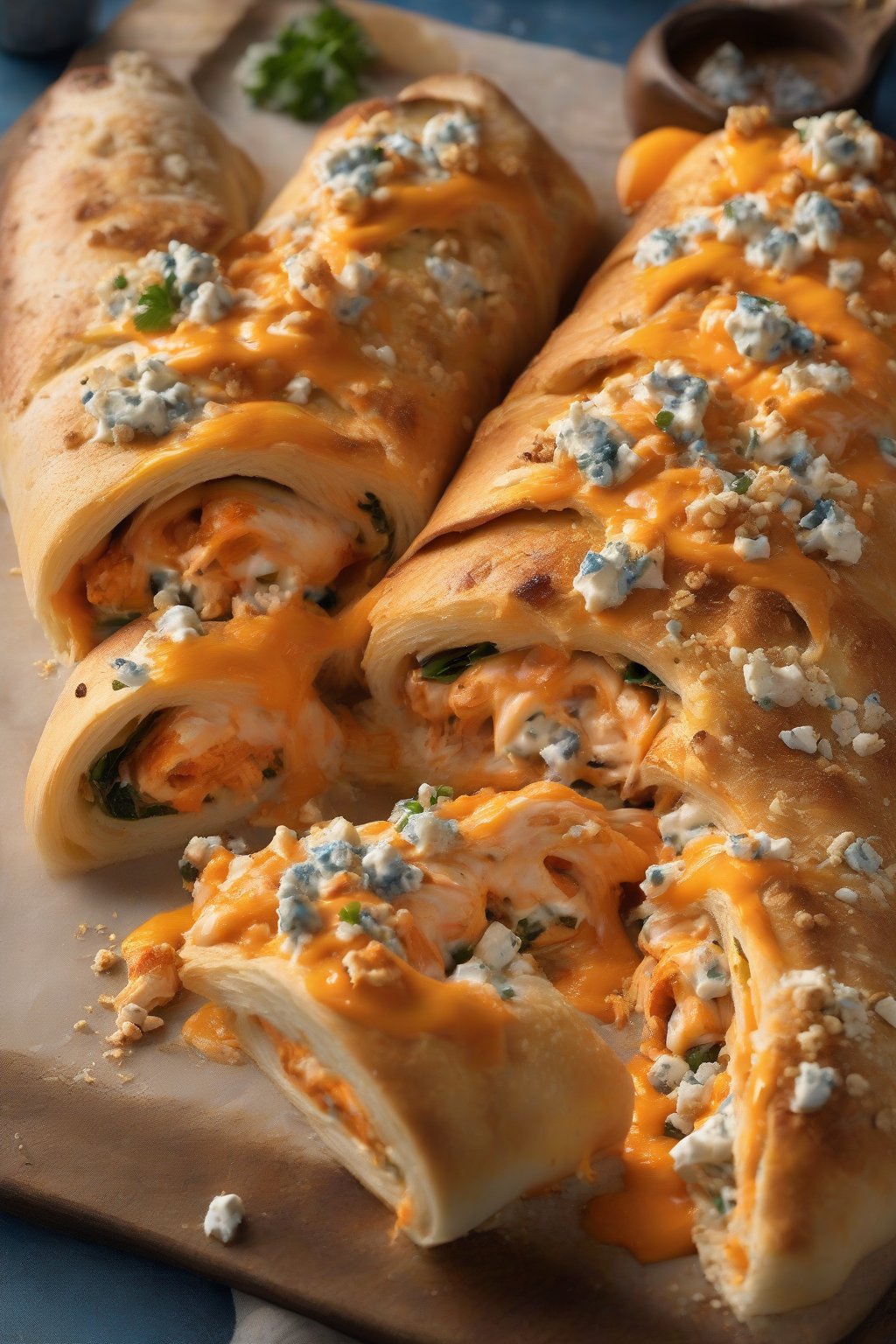 A high-resolution photo of buffalo chicken stromboli sliced with fiery orange sauce and chunky blue cheese crumbles, under soft lighting.